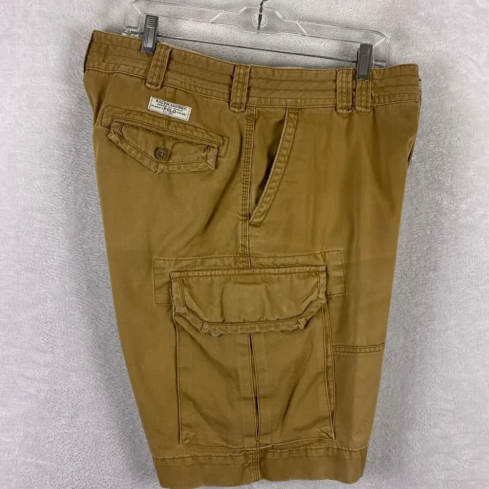 VTG Polo Ralph Lauren Cargo Shorts Mens 35 Tan Y2K Preppy Baggy Skate Military